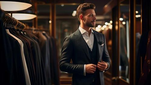 009-001-stockphoto, high quality photo, A man in a classic suit stands in the fitting room of a men's clothing luxury boutique store. Luxury suite for men. Elegant clothing.