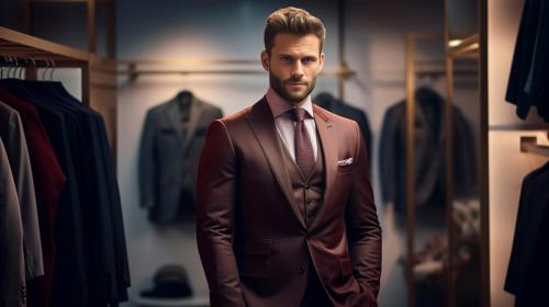 004-stockphoto, high quality photo, A man in a classic suit stands in the fitting room of a men's clothing luxury boutique store. Luxury suite for men. Elegant clothing.
