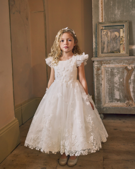 Festliches Kinderkleid mit floraler Spitze und verspielten Rüschenärmeln