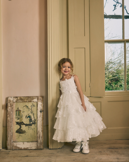 Kinderkleid mit funkelndem Stufenrock und Schmetterlingsdetails in Gesamtansicht